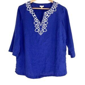 Talbots Linen Royal Blue Blouse Embroidery Detail